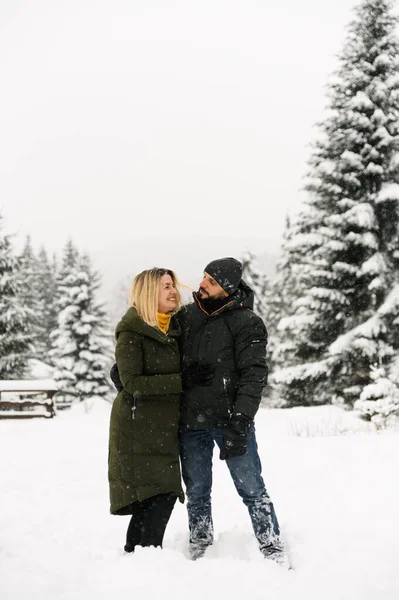 Çekici bir adam ve kadın soğuk ormanda sarılıyorlar. Kabarık ceketli yetişkin çift yürürken iyi eğlenceler. Kış zamanı romantik bir tarih. Kış aşk hikayesi.