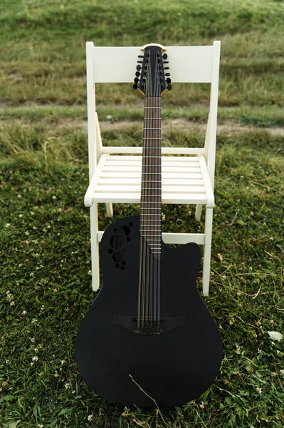 Beautiful Black Guitar Stands Ground Rests Chair Musical Instrument Rare — Stock Photo, Image