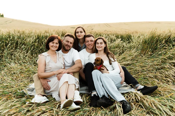 Grande Família Com Cinco Pessoas Senta Campo Trigo Pôr Sol — Fotografia de Stock