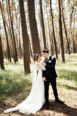 Parktaki düğün çifti, parkta öpüşen Avrupalı gelin ve damat, düğün günlerinde parkta mutlu gelin ve damat.