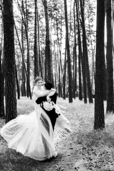 Groom Hugs Bride Wedding Day Young Couple Lovers Walk Forest — Stock Photo, Image