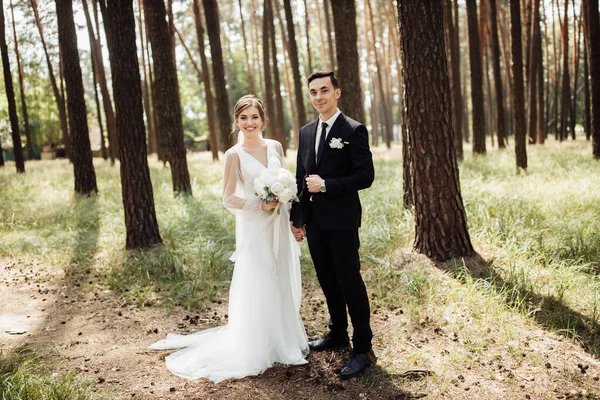 Beaux Jeunes Mariés Câlins Souriants Dans Parc Verdoyant Portrait Mariée — Photo