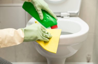 Tuvaleti temizliyorum. Ellerini temizleme bezi ve deterjan tutuyordum.