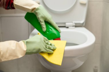 Tuvaleti temizliyorum. Ellerini temizleme bezi ve deterjan tutuyordum.