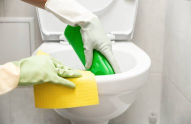 Tuvaleti temizliyorum. Ellerini temizleme bezi ve deterjan tutuyordum.