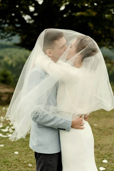 Casal Casamento Está Coberto Com Véu Amantes Ficar Topo Uma — Fotografia de Stock