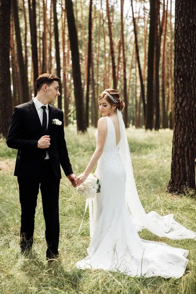 Bruid Bruidegom Zijn Aan Het Wandelen Het Bos Het Concept — Stockfoto