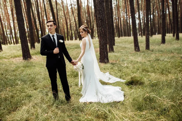 若い花嫁と新郎が森の中を歩いています 結婚式の日のコンセプト ロマンチックな日だ 恋愛中の新婚夫婦の肖像画 — ストック写真