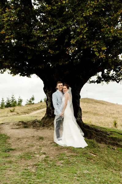 Casamento Outono Nas Montanhas Jovem Com Uma Jaqueta Azul Calças — Fotografia de Stock