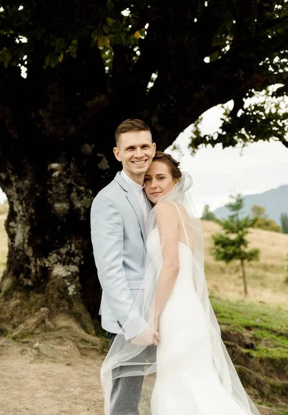Casamento Outono Nas Montanhas Jovem Com Uma Jaqueta Azul Calças — Fotografia de Stock