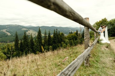 Doğada yaşayan güzel yeni evliler sarılır ve gülümser. Dantel bir elbise içinde gelin ve damadın portresi. Yeni evli çiftin düğün günüymüş. Dağlarda bir çift
