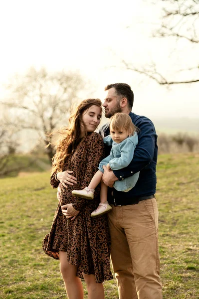 Young Happy Family Walks Nature Daughter Pregnant Woman Walk Her — Stock Photo, Image
