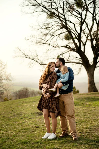 Familia Feliz Camina Sobre Hierba Primavera Mujer Embarazada Con Hija — Foto de Stock