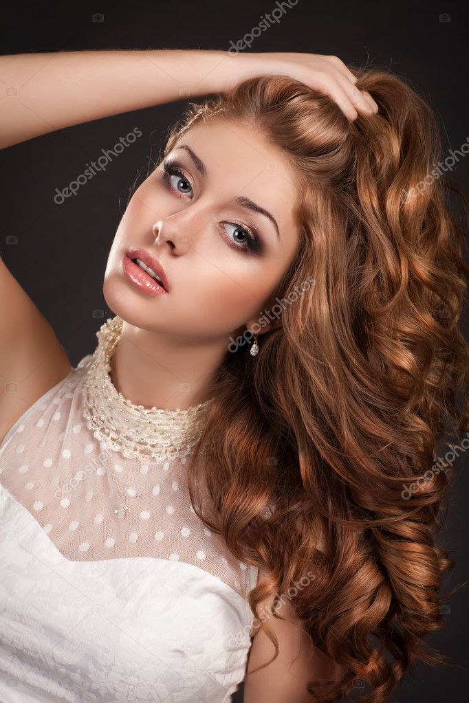 Red Hair Fashion Woman with Curly Long Hair perfect skin and makeup in  white dress. Girl with stylish haircut. Health and beauty products.  Skincare. Spa. Beauty Model — Stock Photo © Armina-Udovenko #