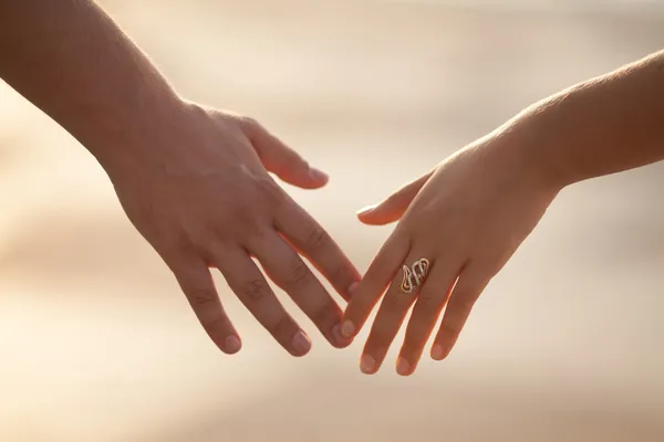 Wedding couple holding hands on sunset. — Stock Photo, Image