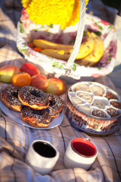 Tea time picnic, cookies and donuts with cup with hot aroma tea or coffee at teatime outdoors — Stock Photo, Image