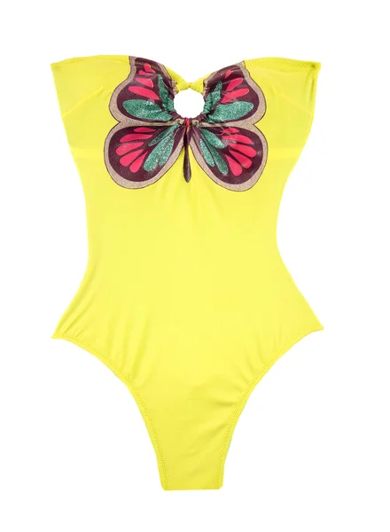 Yellow swimsuit with big glitter butterfly — Stock Photo, Image