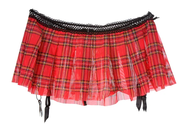 Red tartan mini skirt with suspenders — Stock Photo, Image