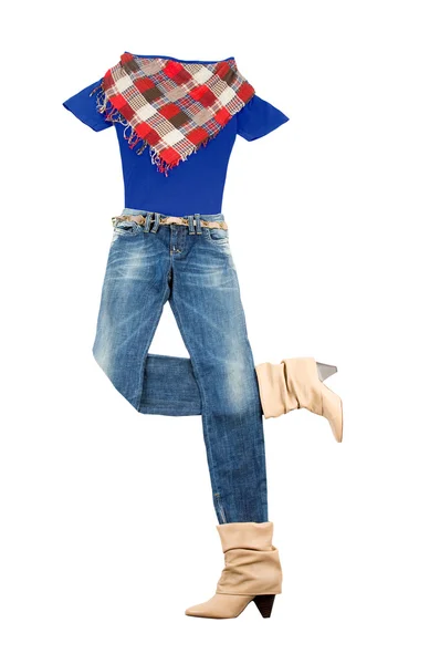 Lumberjack jeans and t-shirt fashion look — Stock Photo, Image