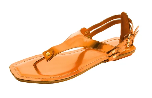 Оранжевый металлизированные шлепанцы лакированные сандалии кожи изолированы на WH — стоковое фото