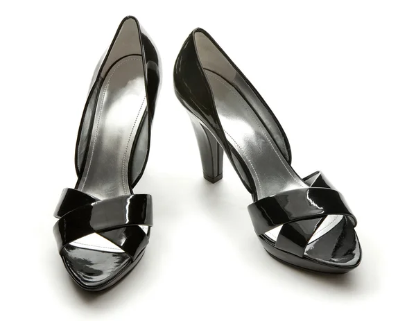 Black patent leather elegant peep toe pumps — Stock Photo, Image