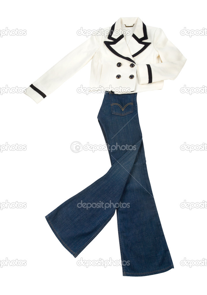 Fashion composition with white and black bolero jacket and jeans