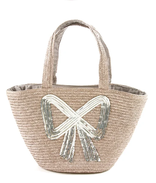 Große silberne Pailletten Bogen Raffia Korb Tote — Stockfoto