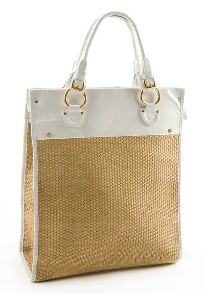 Raffia en witte lederen mand tote — Stockfoto