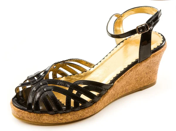 Black patent leather cork wedged sandal — Stock Photo, Image