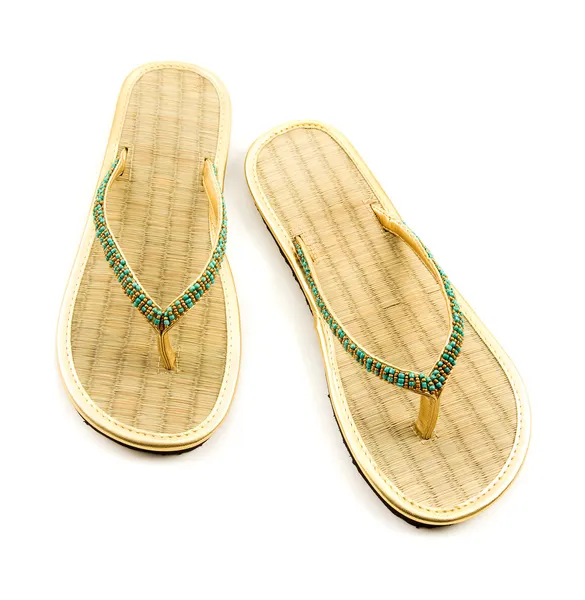 Raffia golden beaded flip flop sandals — Stock Photo, Image