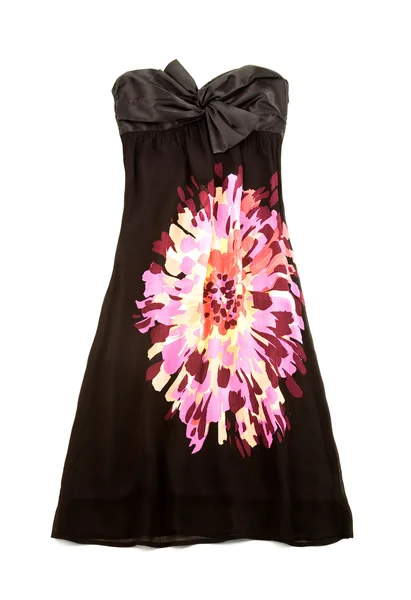 Černé šaty bez ramínek s velkým barevným květinovým — Stock fotografie