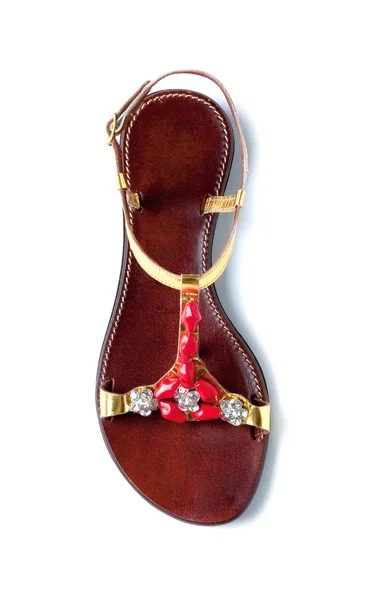 Coral vermelho strass sandália de couro dourado flip flop — Fotografia de Stock