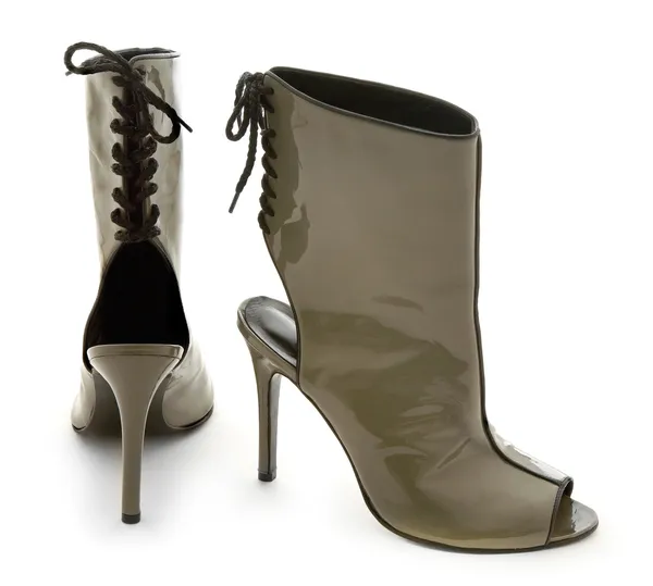 Patent leather peep-toe open-back back lace-up ankle boots stile — Stock Photo, Image