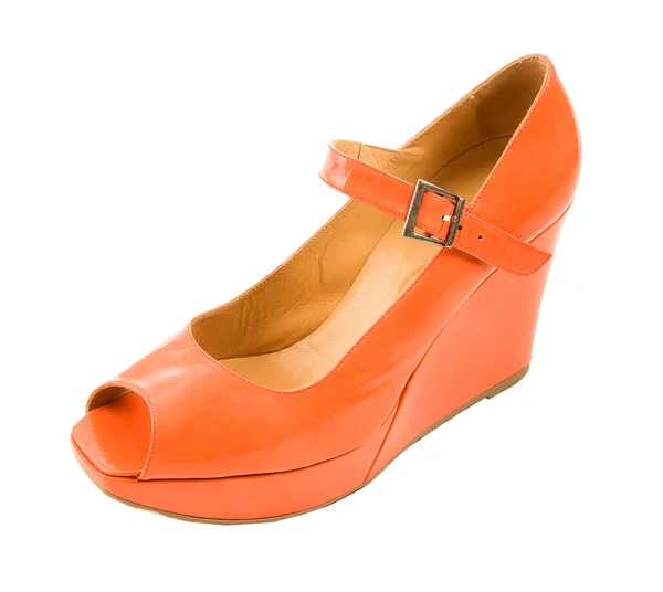 Tangerine patent leather wedged peep toe high heel — Stock Photo, Image