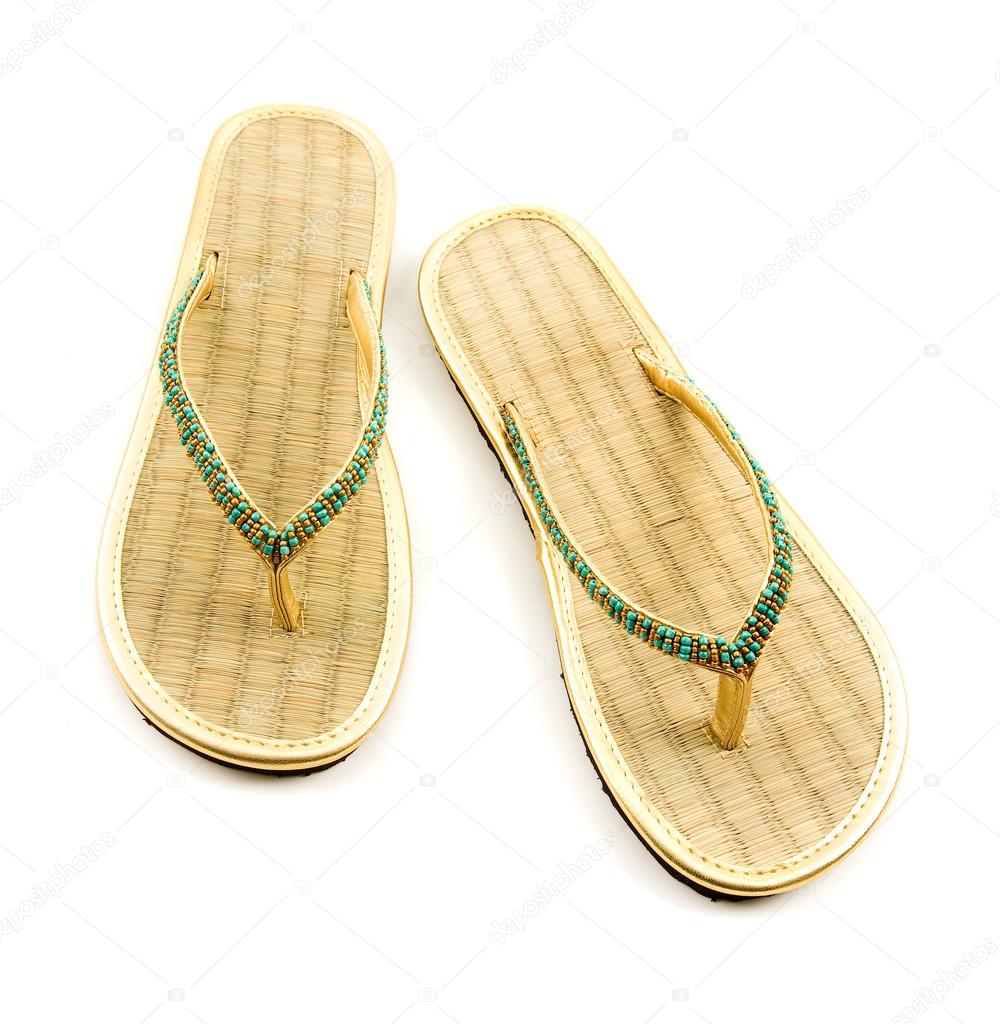 Raffia golden beaded flip flop sandals