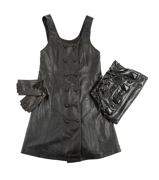 Buttoned black leather tank dress styling fashion composition — Stock Photo, Image