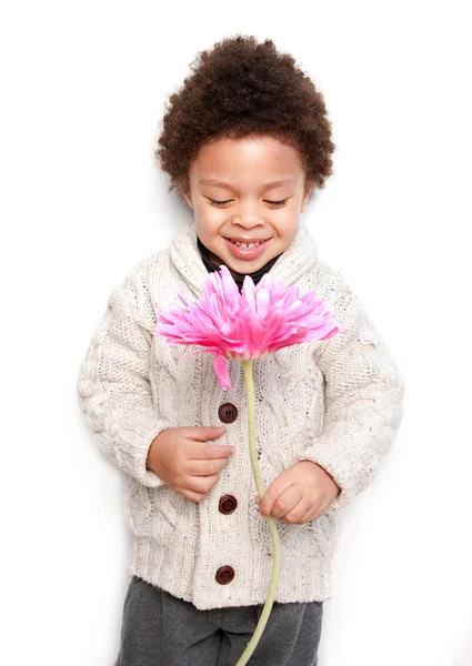 Bambino carino che tiene un grande fiore rosa e lo guarda — Foto Stock