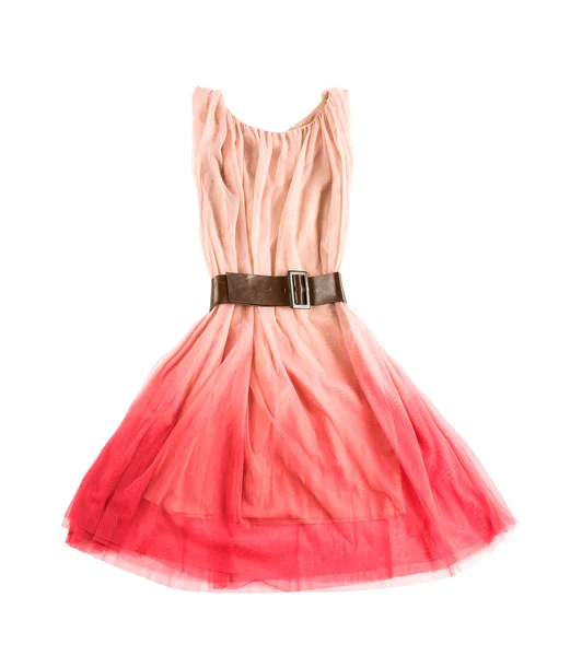 Pink tulle tie dye evase tank dress with wide leather belt — Stock Photo, Image