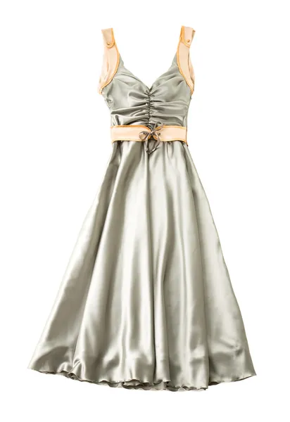 Satin ruched sweetheart bodice belted dress — Stock Photo, Image