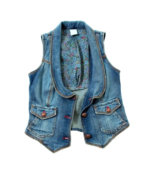 Gilet en denim bleu avec doublure de fleurs et boutons ornementés en bronze — Photo