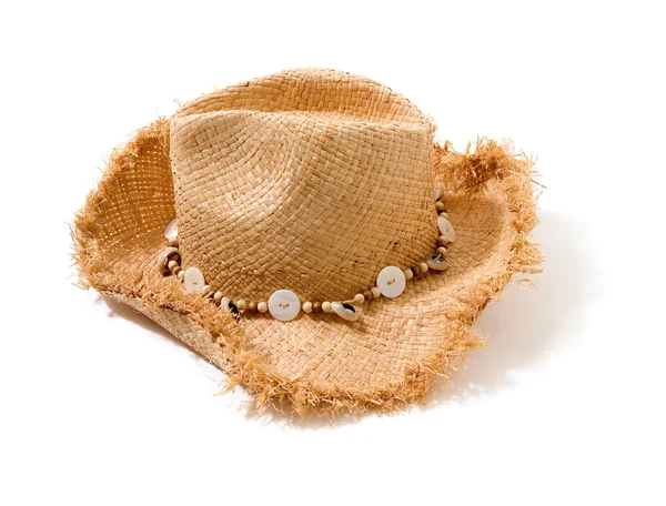 Chapéu de agricultor franjado Raffia com contas e botões hatband — Fotografia de Stock