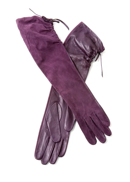 Long elegant leather and suede purple gloves — Stock Photo, Image