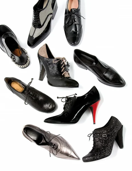 Black masculine female shoes still life fashion composition — Stock Photo, Image