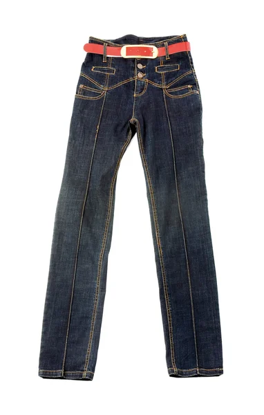 Hoge taille blue jeans met rode gordel Stockfoto