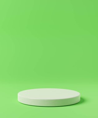 Empty white podium on green background. Cylinder stand or pedestal mock up. 3d rendering.