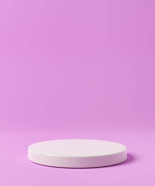Empty white podium on pink background. Cylinder stand or pedestal mock up. 3d rendering.