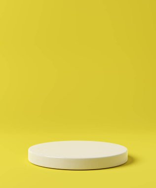 Empty white podium on yellow background. Cylinder stand or pedestal mock up. 3d rendering.