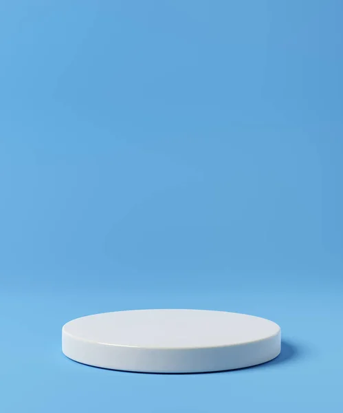 Empty white podium on blue background. Cylinder stand or pedestal mock up. 3d rendering.