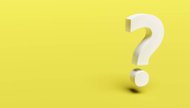 White question mark on yellow background. 3d rendering. Copy space on the left