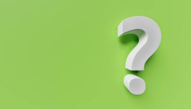 White question mark on green background. 3d rendering. Copy space on the left